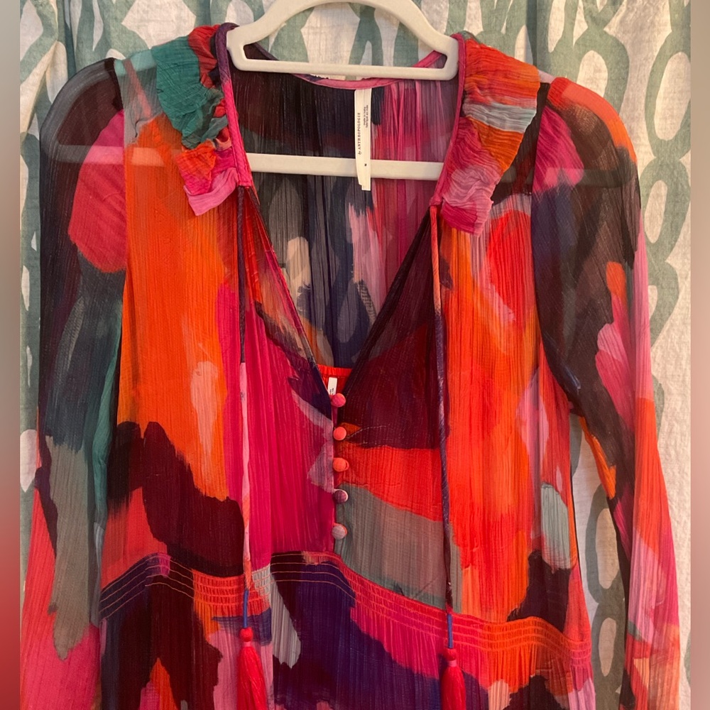 Anthropologie Marais Sheer Long Sleeve Maxi Dress in pink and red + multicolors - Picture 3 of 9